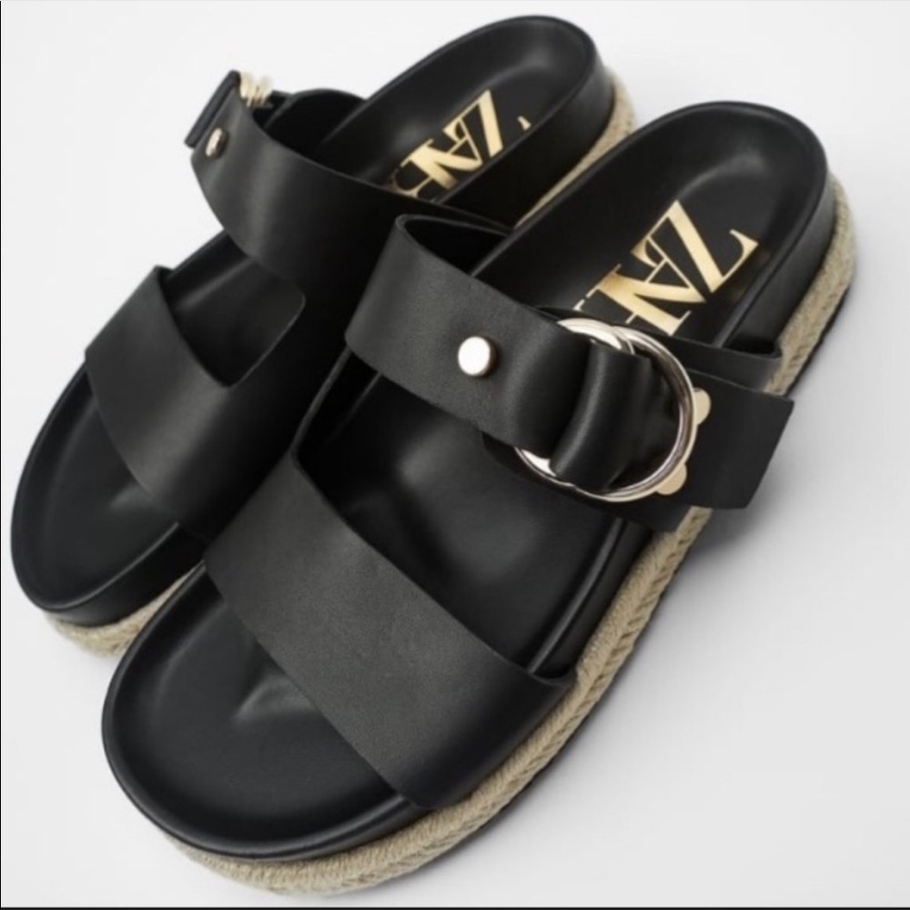 Zara flat leather platform espadrille sandals black
